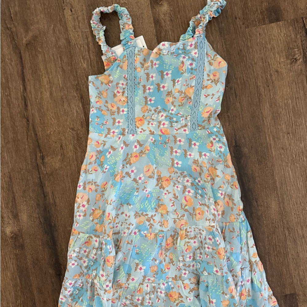 love, Fire Floral Kids Dress in Blue and Orange